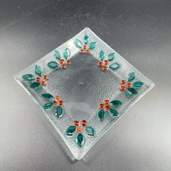 Square Fused Art Glass Dish Plate With Holly Berries Flowers Clear Holiday VTG - Picture 5 of 10